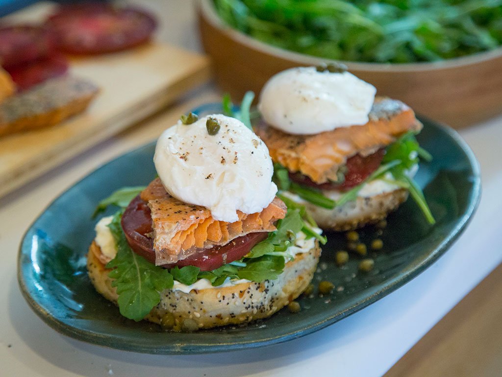 Smoked Salmon with Bagel, cream cheese and sliced boiled egg